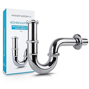 Wasserwelten Universal Siphon für Waschbecken & Waschtisch - Abflussgarnitur passgenau - Geruchsverschluss inkl. Gummimansche