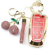 Rayslesan Sparkly Key Fob Cover with Cherry Keychain, Bling TPU Smart Key Case for Women, Compatible with Ford Fusion Mustang Ranger Explorer Expedition Lincoln Aviator Corsair (5-Button, Gold Red)