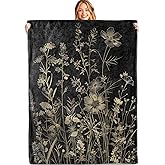 MIEPOS Elegant Botanical Throw Blanket, 50x60in, Soft, Lightweight Flannel,Gold Wildflower Line Art on Black Blankets, Gifts for Women, for Floral Minimalist Home Living Room Decor