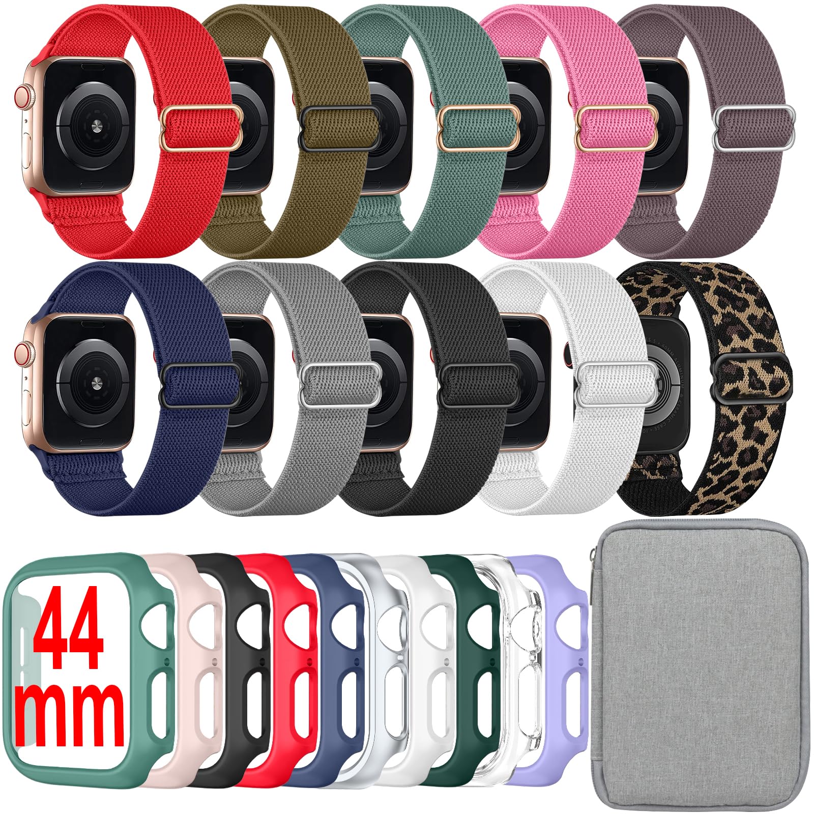 Photo 1 of 10 Pack Nylon Stretchy Band Compatible with Apple Watch Bands 40mm 41mm 42mm 44mm 45mm 46mm for Women Men, Watch Case(Compatible for Apple Watch Series 11 10 9 8 7 6 5 4 3 SE/2