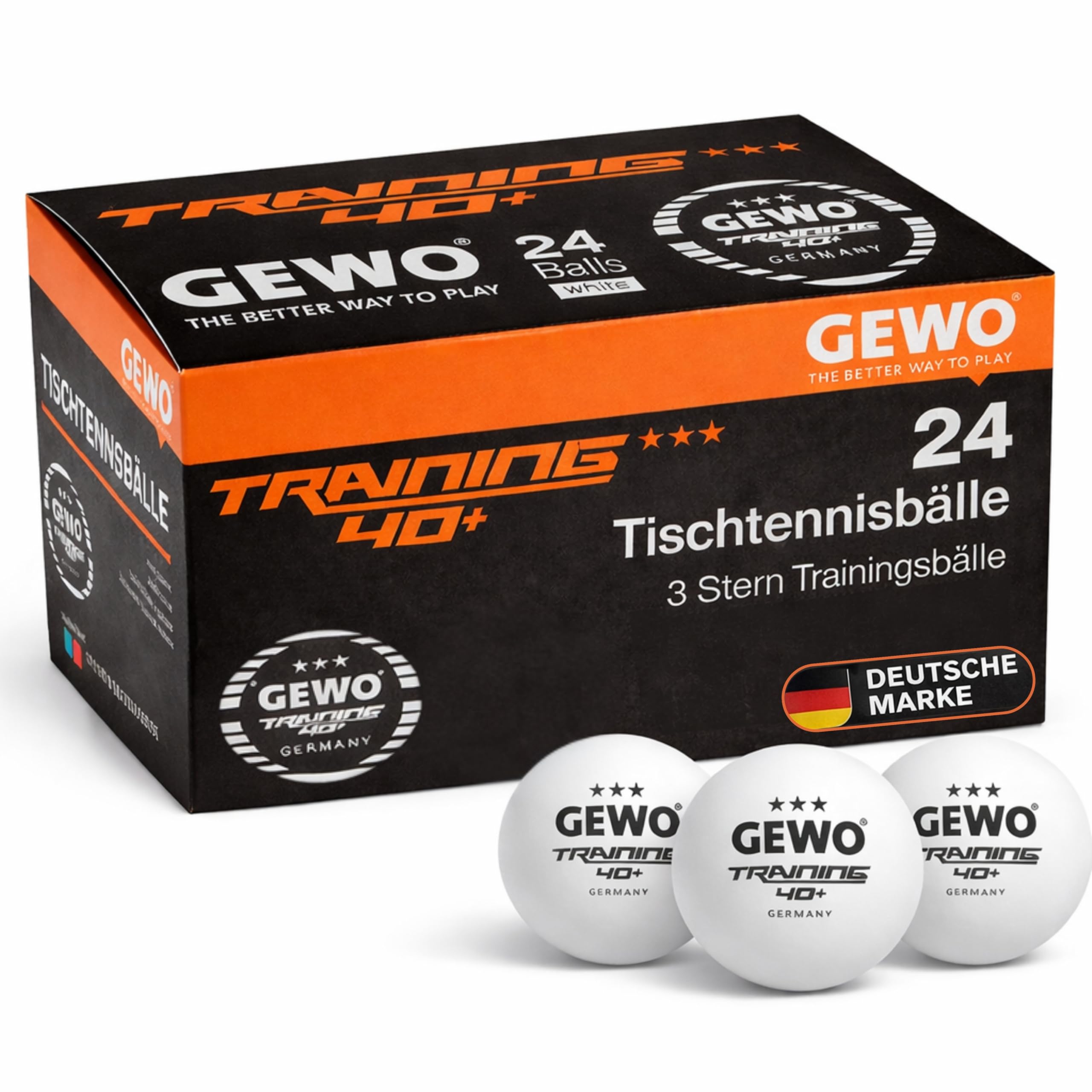 GEWO Table Tennis Balls Training 40+ - 3 Star Table Tennis Balls Made of ABS Plastic with Seam Ping Pong Balls, Diameter 40 + mm, Storage Pack of 24 Pieces, White