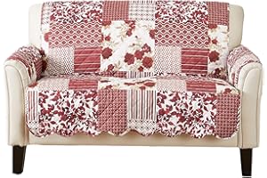 Great Bay Home Reversible Patchwork Loveseat Cover - Washable Slipcover Furniture Protector with Elastic Straps - Couch Cover for Dogs, Kids, and Pets - Box-Stitched Detail (Loveseat, Burgundy)