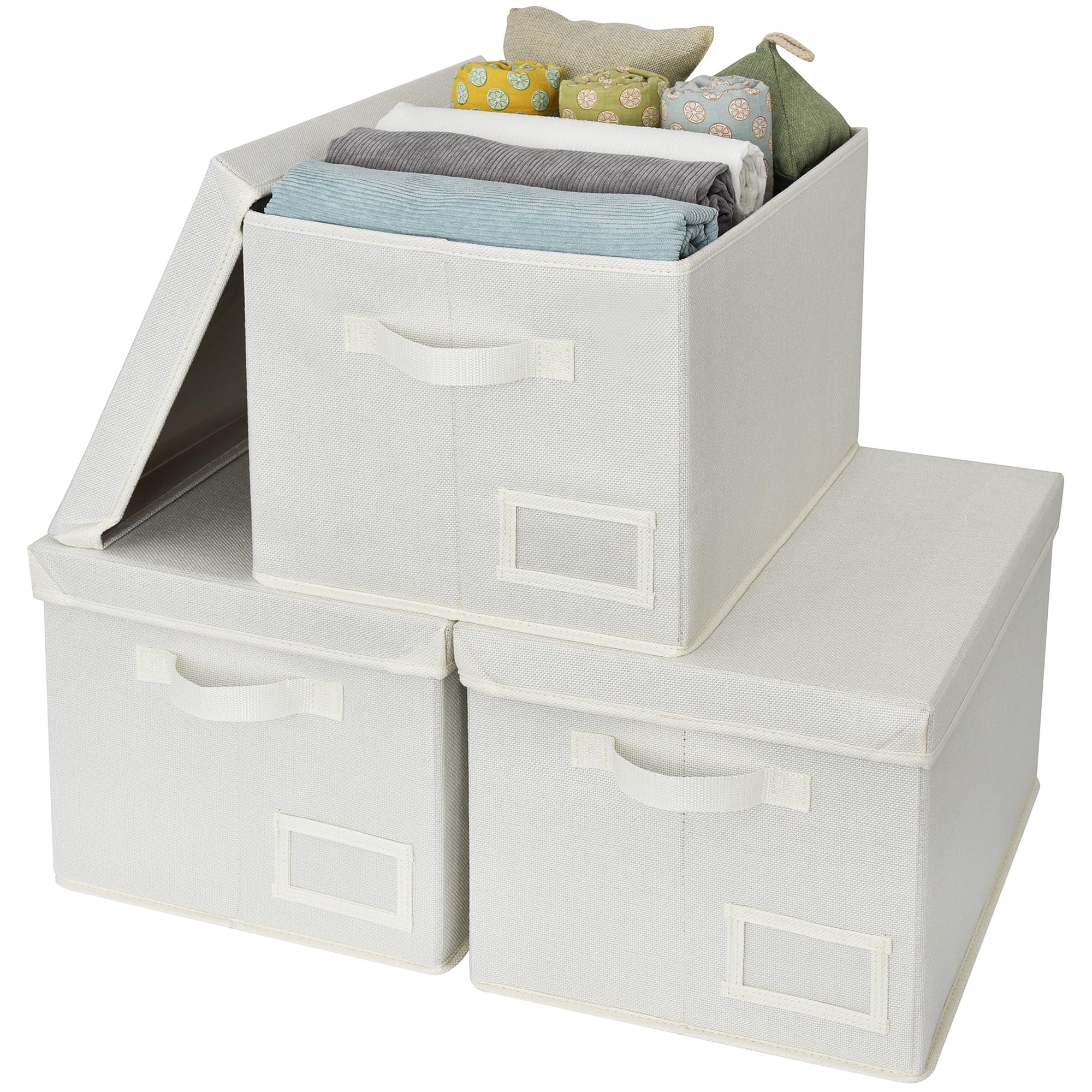 GRANNY SAYS Fabric Storage Boxes with Lids, Pack of 3 White Storage Boxes with Lid, Durable Containers with Lids for Storage, Large Cloth Baskets for Shelves Organising Towels Toys Jumpers