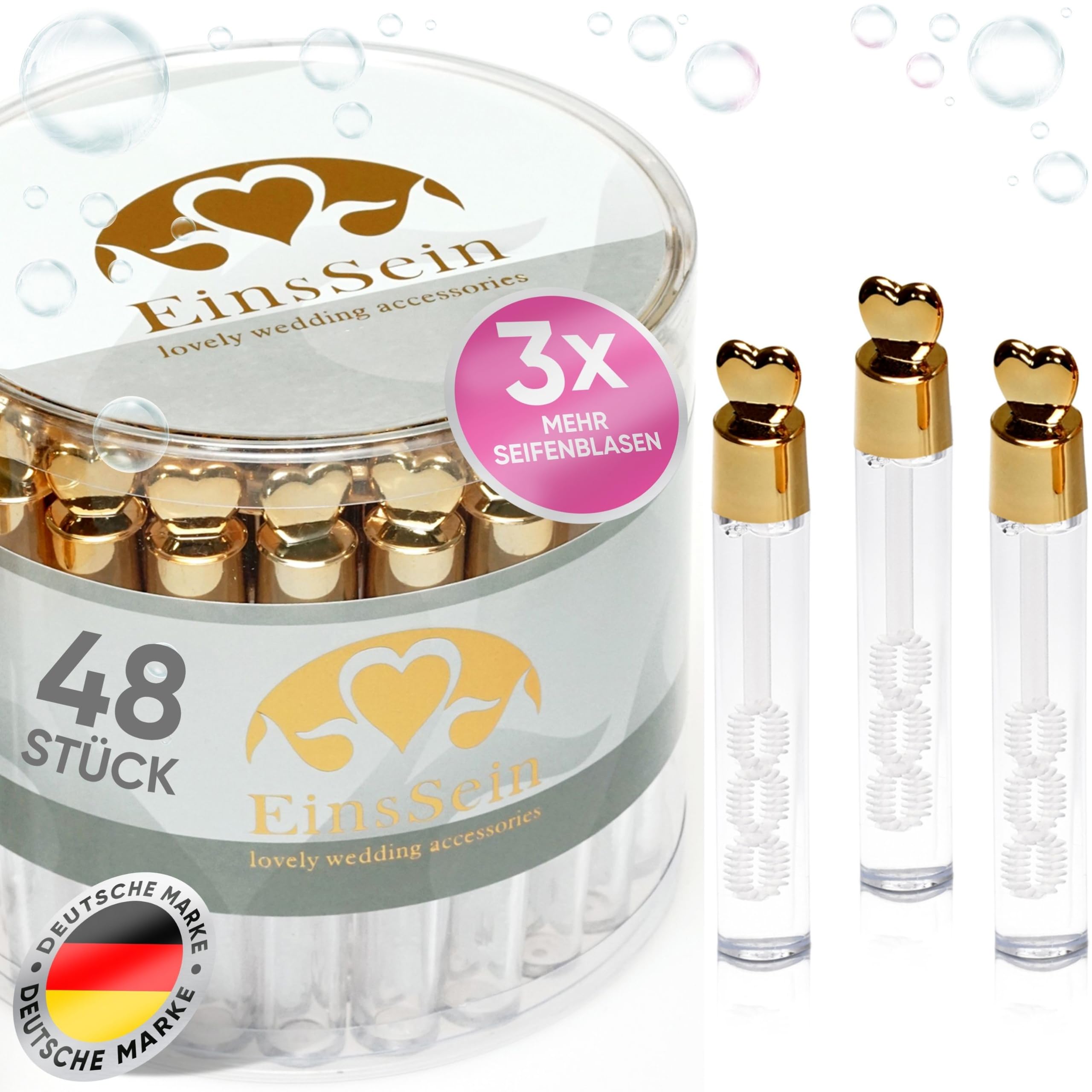 EinsSein 48x Wedding Bubbles Love Tube box gold high gloss soap bubble favours guests kids tubes heart wands tube favors party weddings baptism mini bottle glasses cake diamond 48 60 50 96 pack
