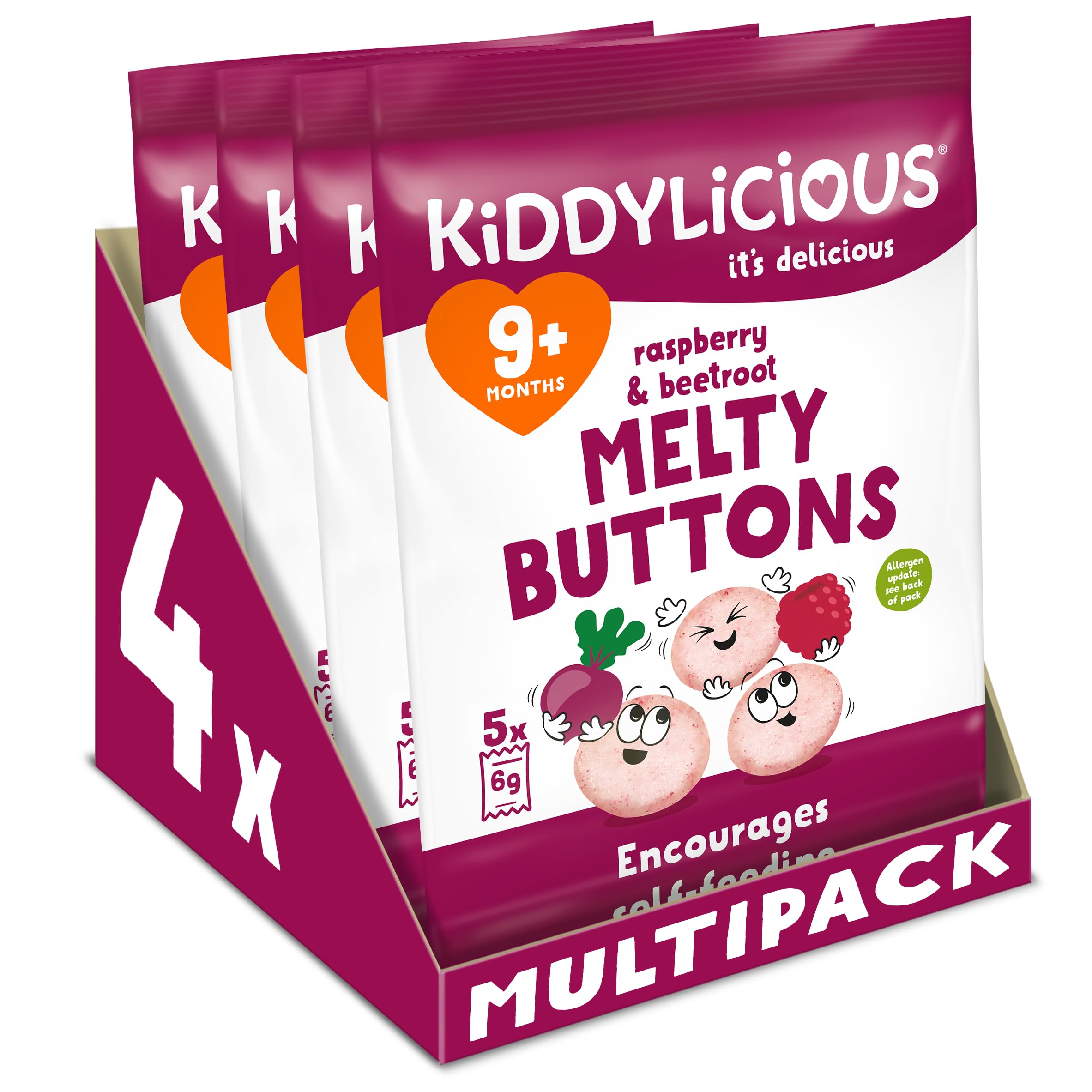 Kiddylicious Raspberry & Beetroot Melty Buttons - Delicious Snacks for Kids - Suitable for 9+ Months - 4 Packs of 5 (20 Total)