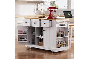 Amposei Kitchen Storage Island on Wheels with Drop Leaf & Power Outlet, Rolling Kitchen Island Cart with Open Side Racks, Door Shelves and Towel Bar, 53-Inch, White