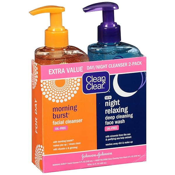 CLEAN & CLEAR 2-PACK DAY AND NIGHT FACE CLEANSER CITRUS MORNING BURST FACIAL CLEANSER WITH VITAMIN C AND CUCUMBER, RELAXING NIGHT FACIAL CLEANSER WITH SEA MINERALS, OIL NO & HYPOALLERGENIC FACE WASH