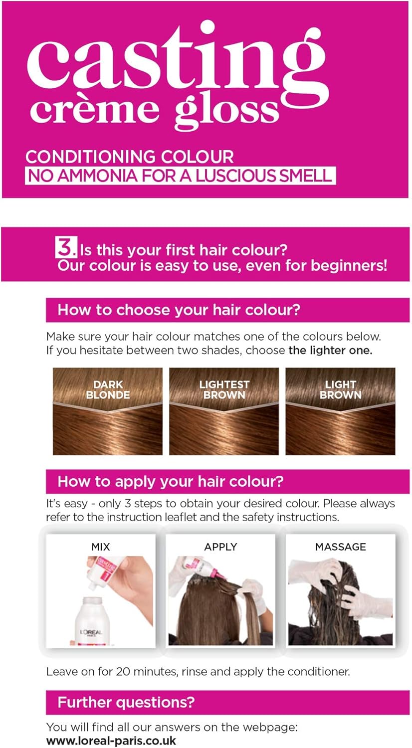 L'Oreal Paris Casting Creme Gloss Brown Semi-Permanent Hair Dye, Blends Away Grey Hair Leaving A Radiant Hair Colour, 634 Chesnut Honey Brown Pack of 3 - Image 3