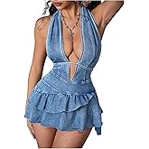 OYOANGLE Women's Deep V Neck Open Back Mini Denim Dress Sleeveless Ruffle Hem Halter Jean Dresses