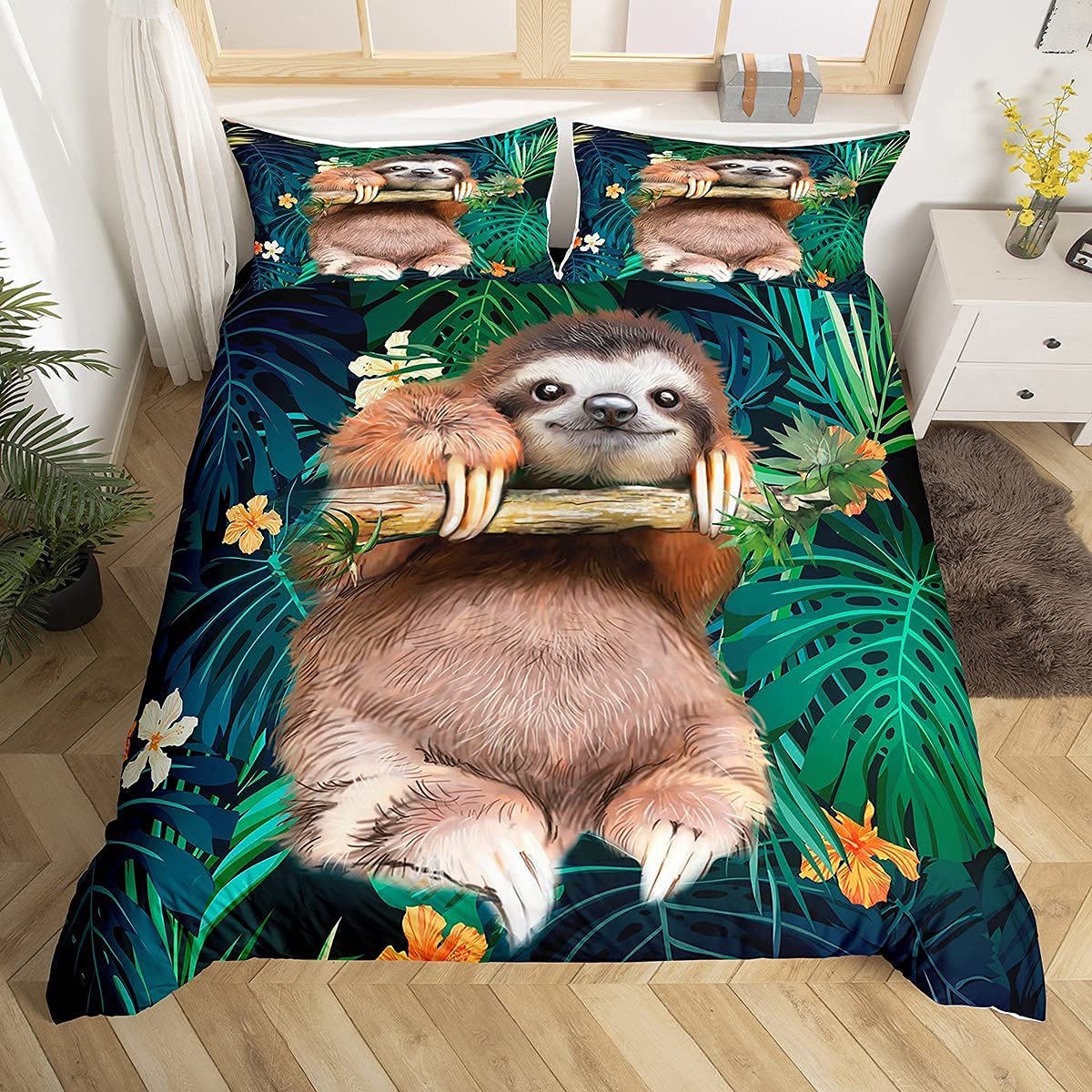 Kids Cute Sloth Bedding Set Cartoon Animal Comforter Cover for Boys Girls Funny Lazy Sloth Tropical Leaves Floral Print Duvet Cover Nature Themed Bedspread Cover Room Decor Quilt Cover King Size — image 1
