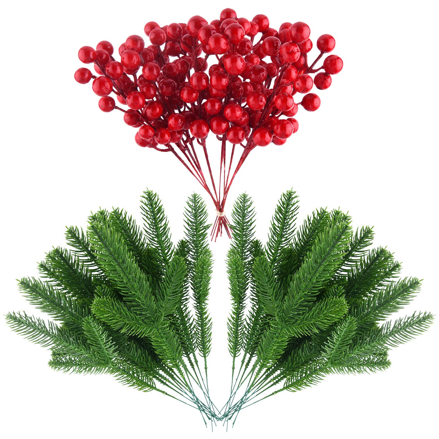 CHRORINE 36 Pcs Artificial Pine Leaves and Artificial Red Berry Set for Christmas Holiday DIY Crafts Home Decor Christmas Wreath Decoration