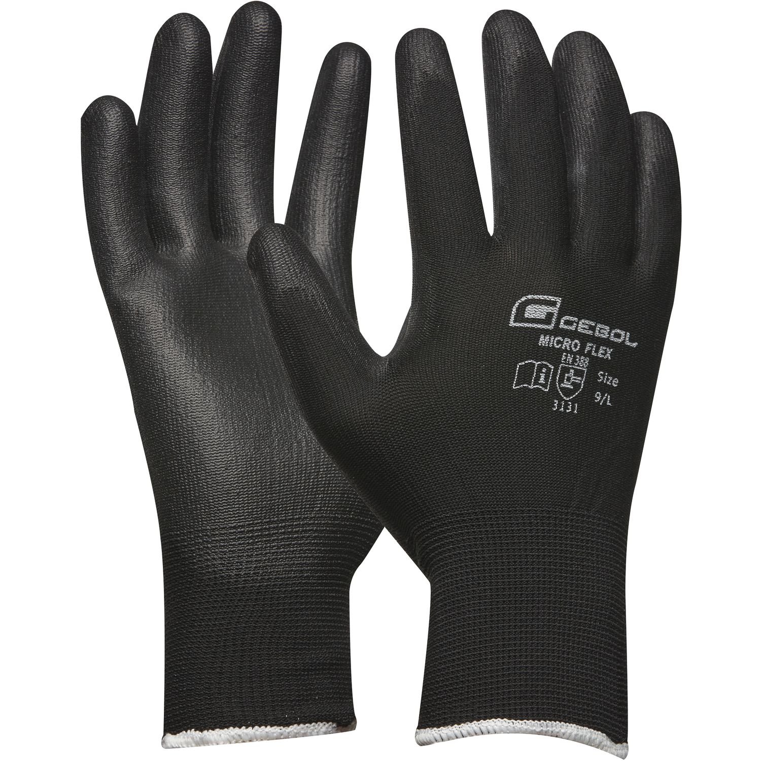 Gebol 709243S Micro Flex | Work Gloves Size 9 (L) | Black | Fine Knit with PU Coating | 1 Pair (Pack of 2)