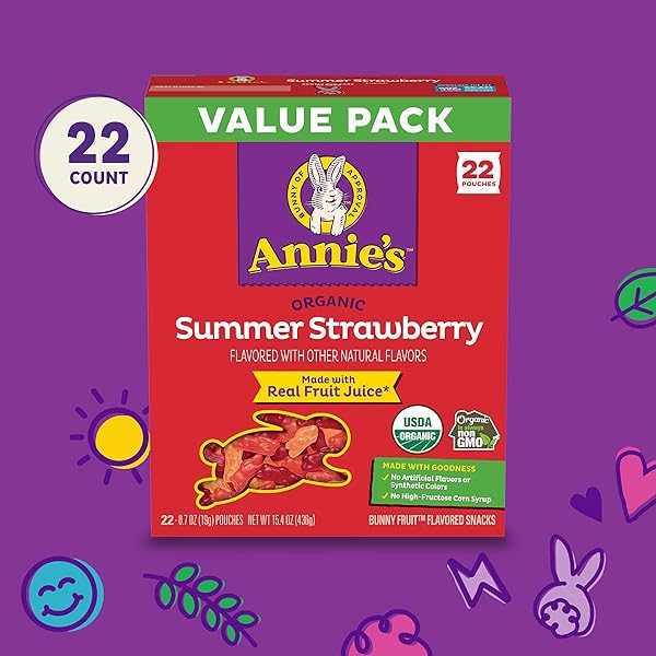 ANNIE’S ORGANIC BUNNY FRUIT FLAVORED SNACKS, SUMMER STRAWBERRY, GLUTEN FREE, VALUE PACK, 22 POUCHES, 15.4 OZ