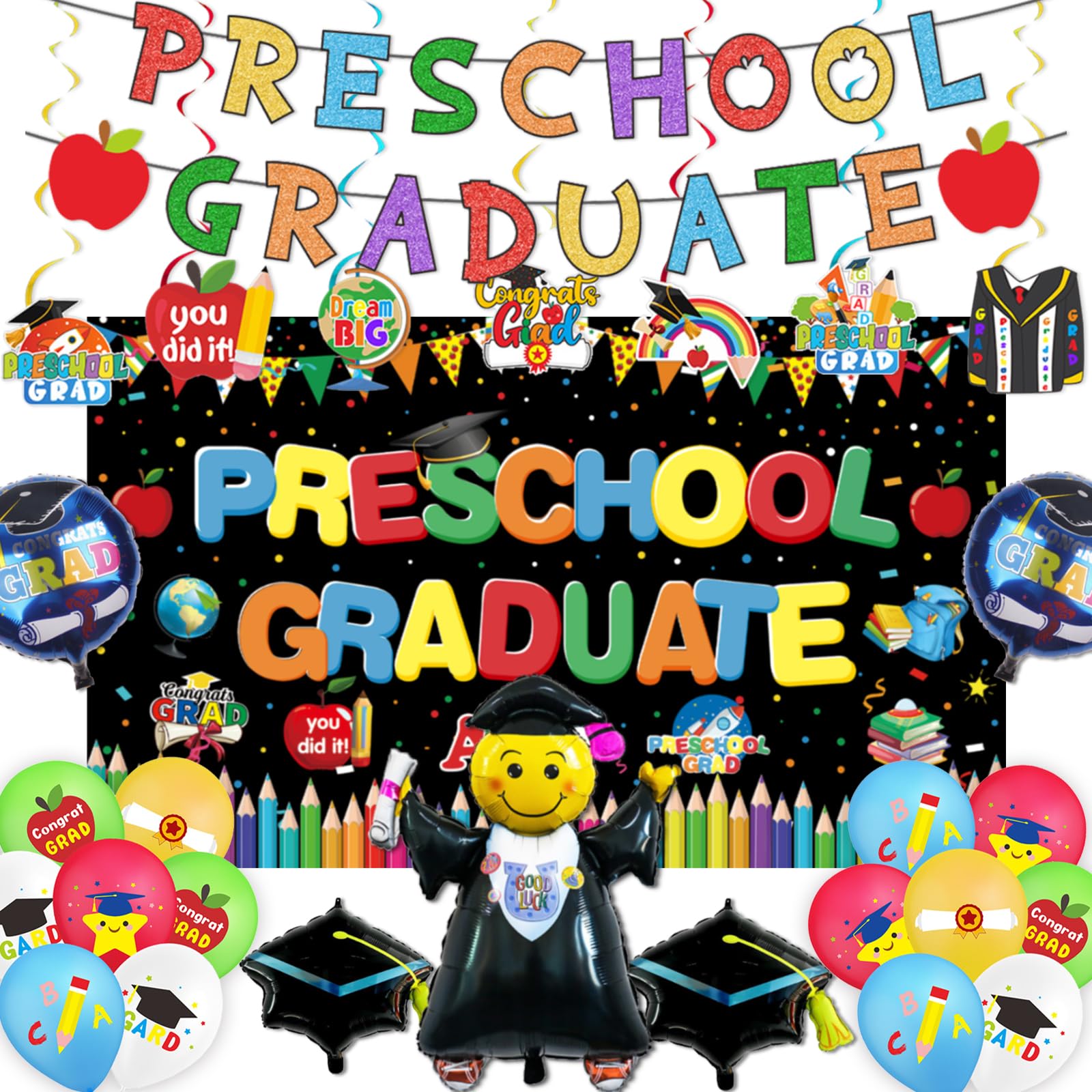 Photo 1 of Preschool Graduation Decorations Preschool Graduation Banner with Hanging Swirl,Backdrop,Kindergarten Graduate Party Decorations 2025