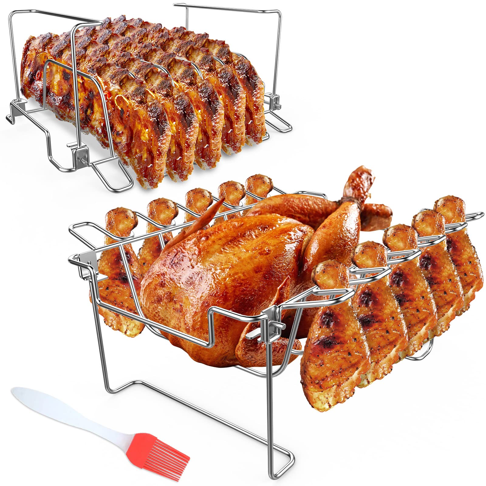 3 in 1 Extra Large Rectangle Rib Rack&Chicken Leg Rack with Brush, Stainlesss Steel Roasting Rack with 2 Handle for Smoker, Oven and Grill, Holds Up to 5 Ribs, Easy to Use&Clean