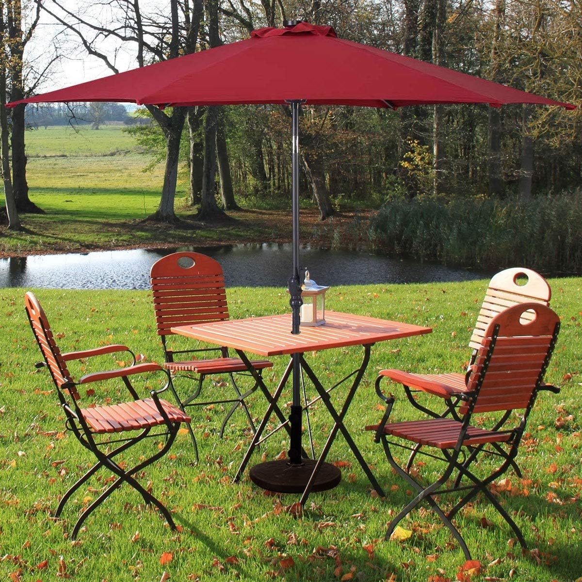 Amazon Com Custpromo 10 Ft Solar Patio Umbrella Outdoor Market Sunbrella With Led Lighted 8 Ribs Market Steel Tilt Solar Led Patio Umbrella With Crank Burgundy Garden Outdoor