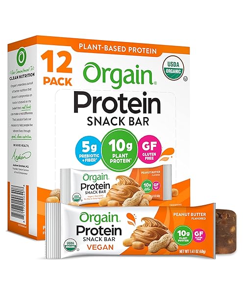 ORGAIN ORGANIC VEGAN PROTEIN BARS, PEANUT BUTTER – 10G PLANT BASED PROTEIN, LOW CALORIE HEALTHY SNACKS, NO LACTOSE OR SOY INGREDIENTS, GLUTEN FREE, NON-GMO – 1.41 OZ (PACK OF 12)