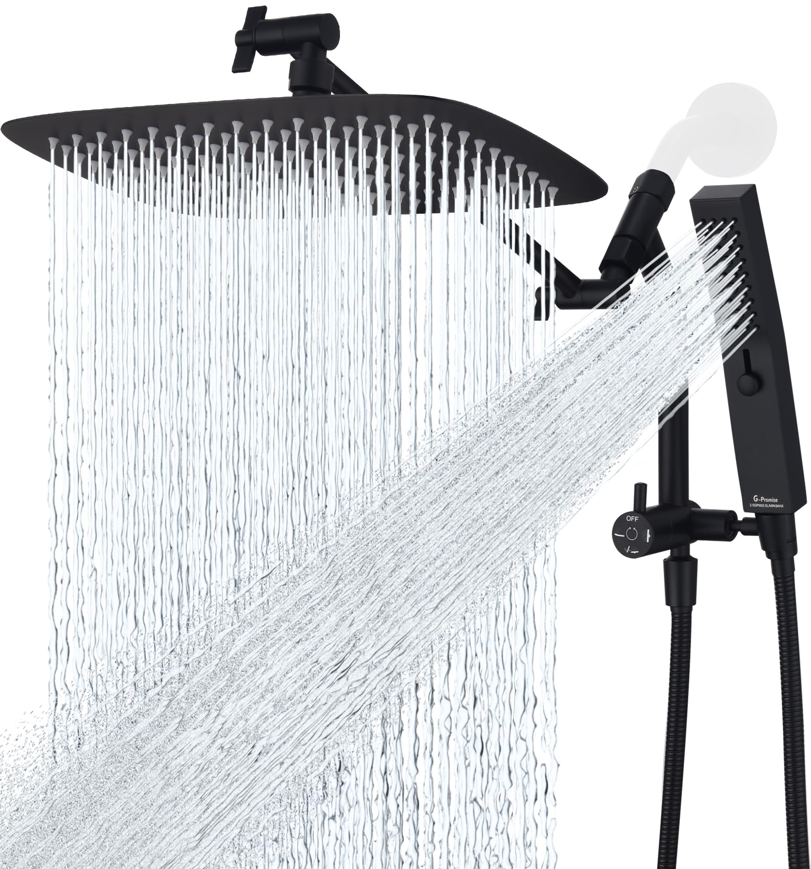 Photo 1 of G-Promise All Metal 12 Inch Shower Head with Massage Mode Handheld, Rain Shower Head with Handheld Spray Combo, 3-Way Diverter with Pause Setting, 11 Inch Adjustable Extension Arm (Matte Black)