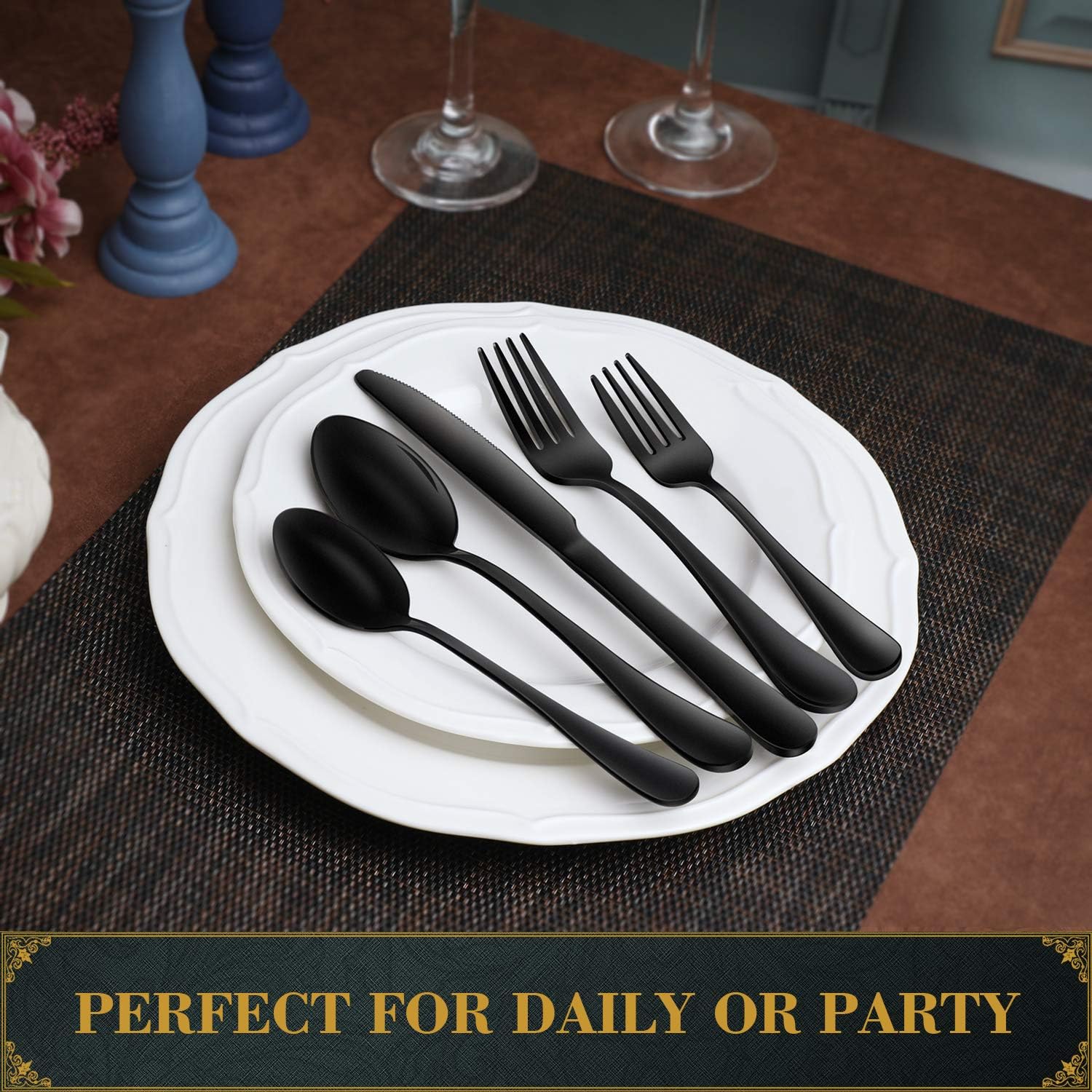 Hiware Black Stainless Steel Silverware Set with Tray Organizer, Mirror Finish, 20-Piece Flatware Cutlery Set Service for 4, Dishwasher Safe: Kitchen & Dining