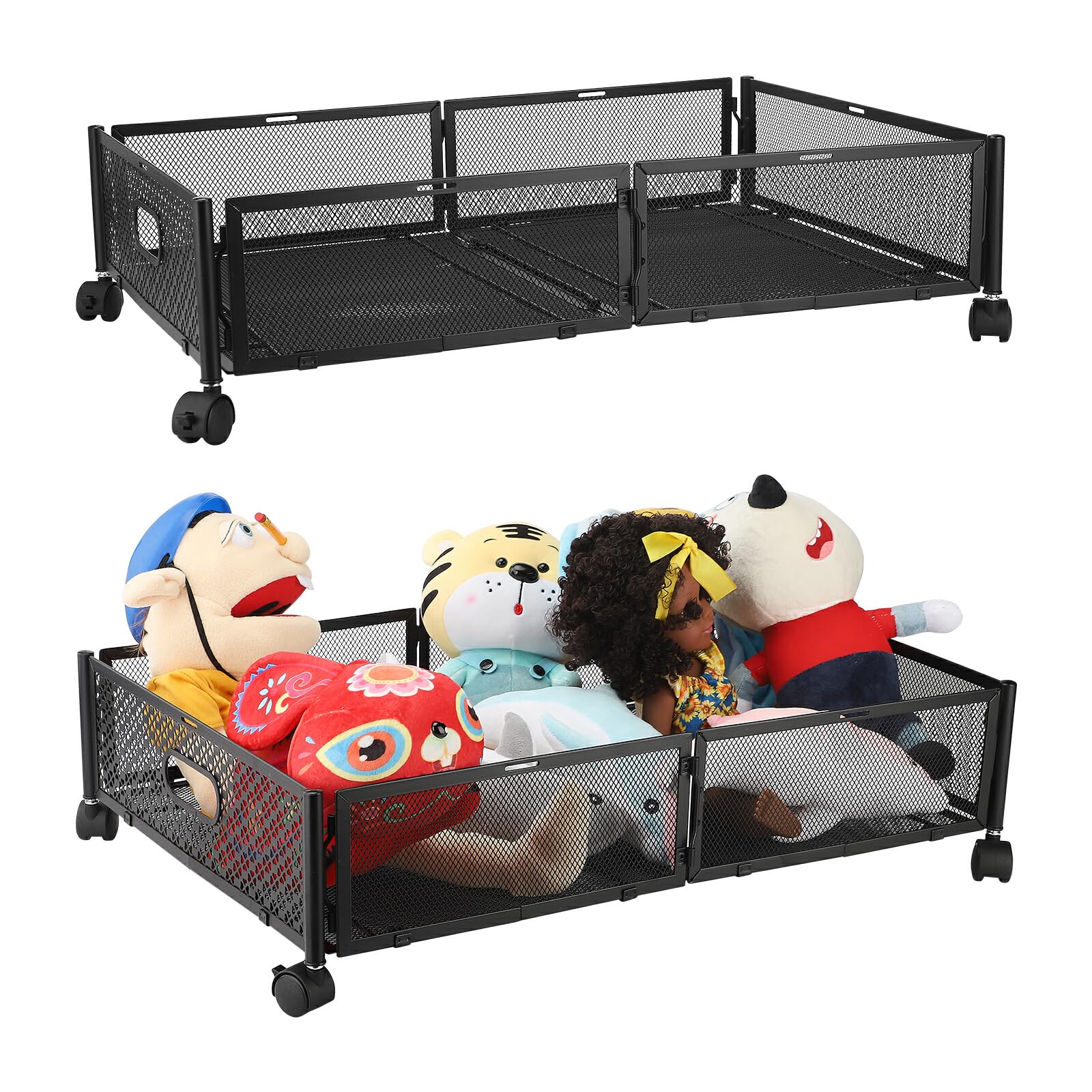 TITA-DONG 2 Pack Black Underbed Storage Shoes Organizer Containers,Foldable Metal Rolling Drawers Shoe Organizer, Under Bed Storage with Wheels for Toy, Book, Blanket, Clothes, Shoes