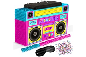 Jergrim Boombox Piñata 4-Piece Set perfect for Retro Birthday Party, Decorations, 80s Parties, Hip Hop 90s, 1980’s Radio Piñata for kids and adults (17”X10”) Durable!