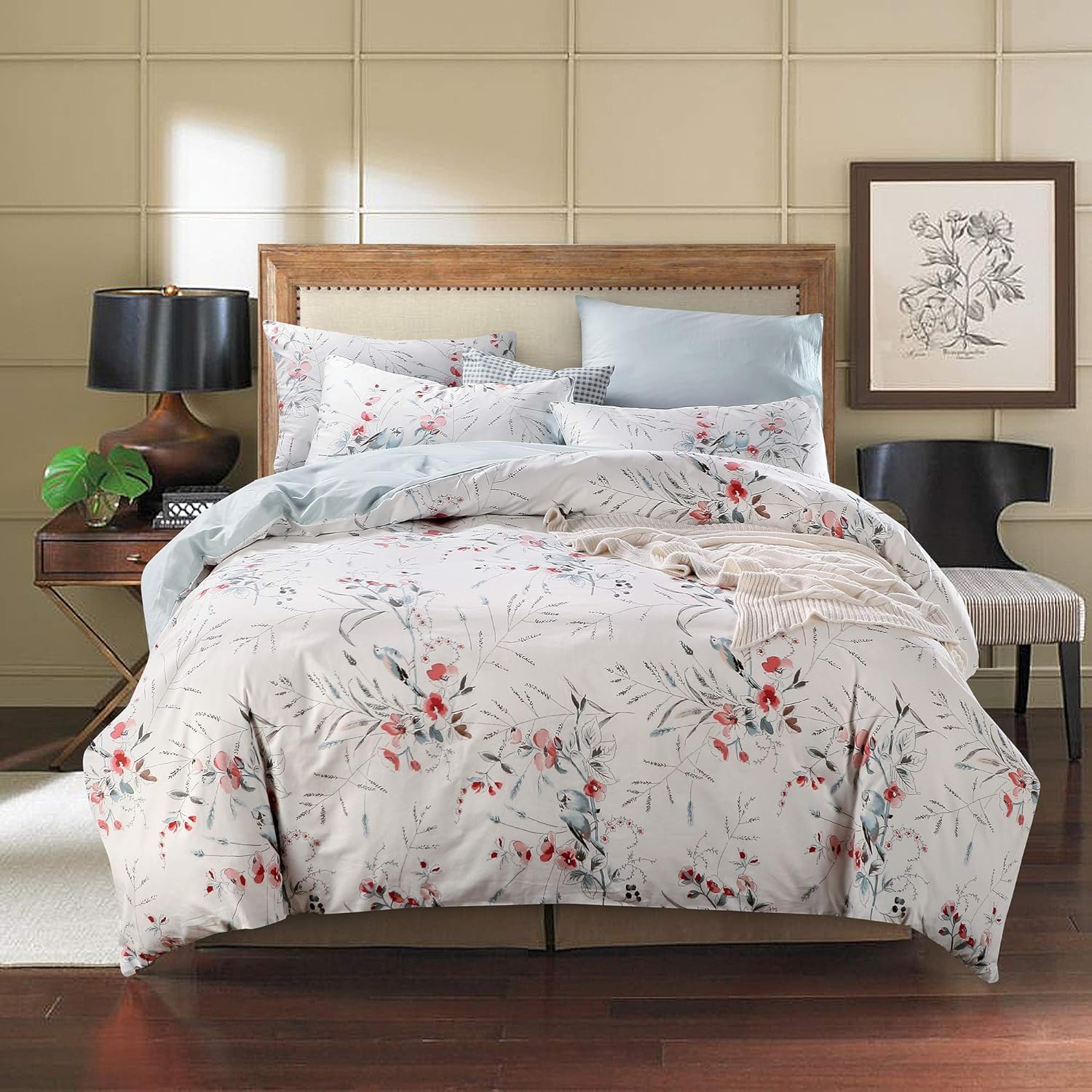 USTIDE King Size 100% Egyptian Cotton Duvet Cover Set Blossom Birds Bedding Sets Ink Floral Printing Rustic Bedding Set