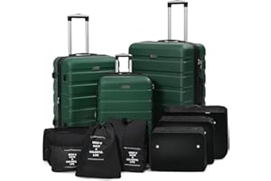 Kromax Lightweight 3 Piece Hardshell Luggage Set, Expandable, TSA Lock, 8 Packing Organizers, Reinforced Telescopic Handle, 360 Wheels, Green