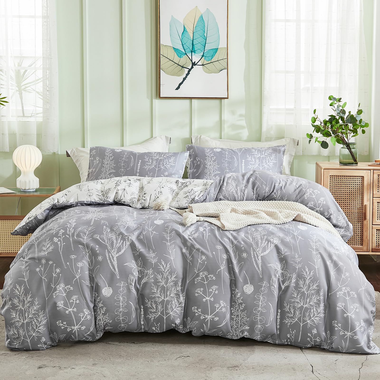 Herside Gray Plants Duvet Cover Set Single Botanical Bedding Light Grey White Plants Branches Reversible Design Country Style Bedding Set 1 Duvet Cover 1 Pillowcase (Light Grey, Single)