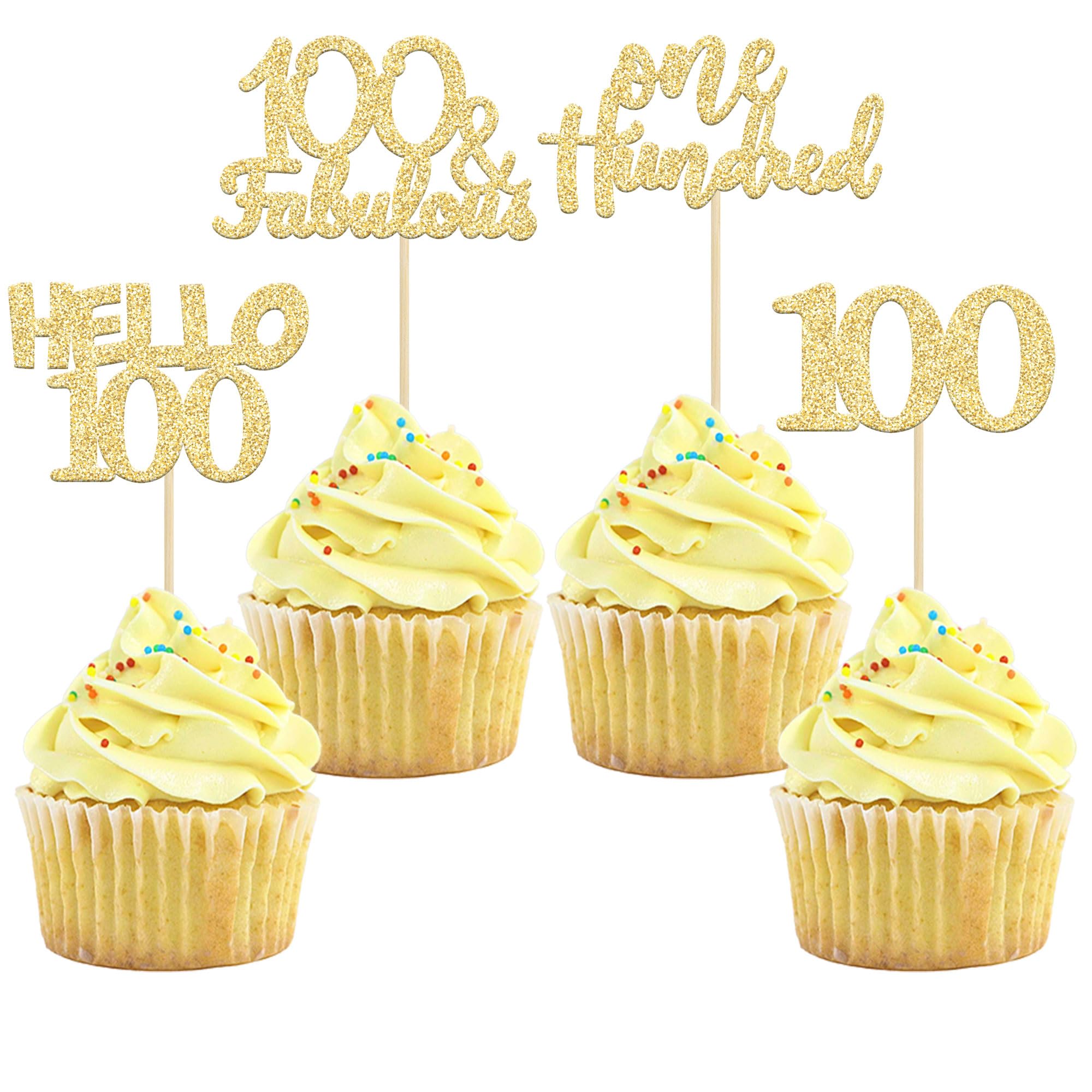 Gyufise 24Pcs Gold Glitter 100th Birthday Cupcake Toppers Hello 100 One Hundred Cake Toppers 100 & fabulous Cupcake Picks for 100th Birthday Cake Decorations Supplies