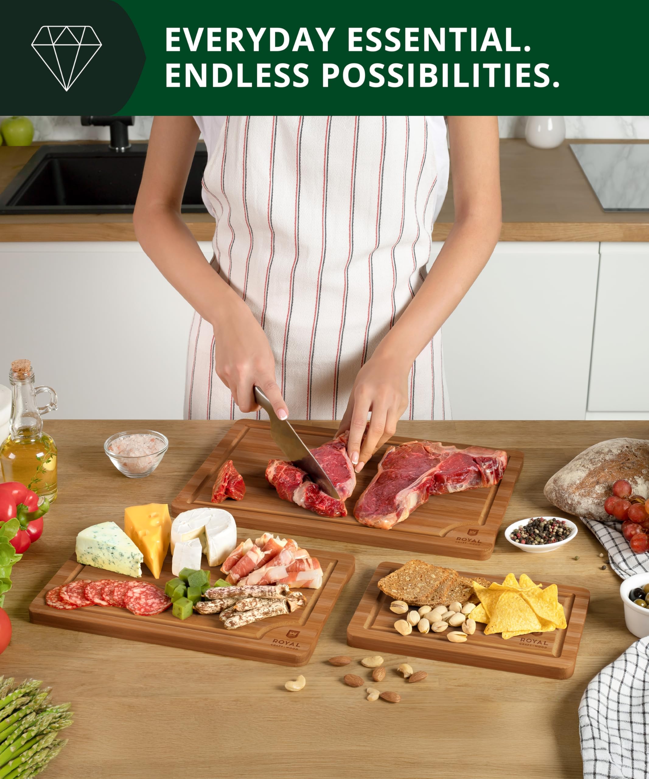 ROYAL CRAFT WOOD Wooden Cutting Boards for Kitchen Meal Prep & Serving - Bamboo Wood Serving Board Set with Deep Juice Groove Side Handles - Charcuterie & Chopping Butcher Block for Meat (3 Pcs)