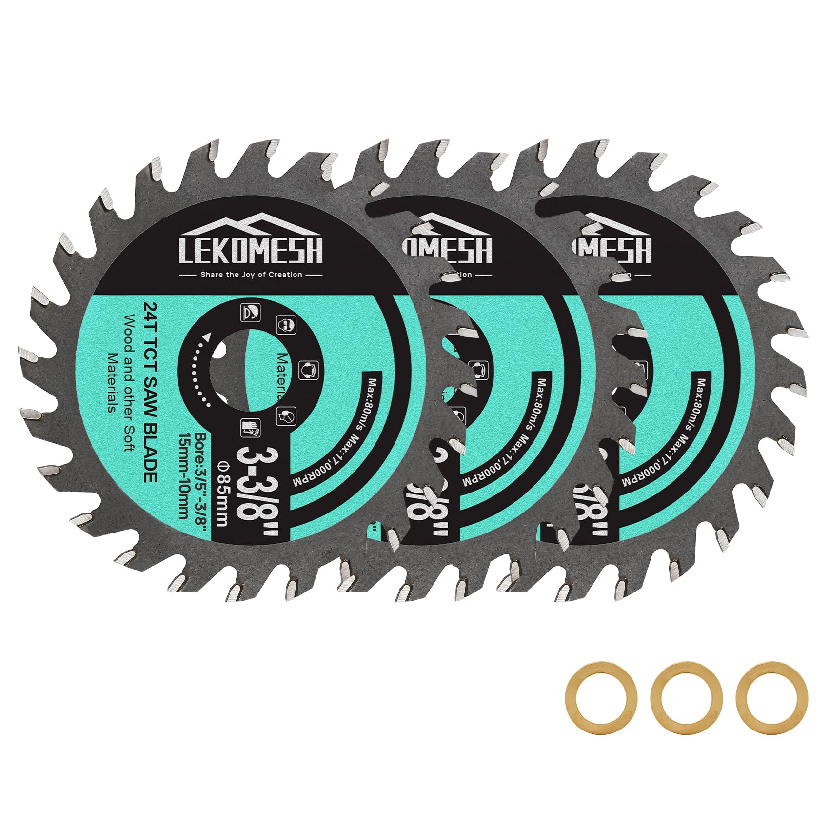 LEKOMESH TCT Circular Cutting Disc - 3pcs 3-3/8"(85mm) 24T TCT Wood Cutting Disc, Cut Off Wheel for Wood Plastic and Composite Materials with a Washer 3/8"-9/16"(10-15mm)