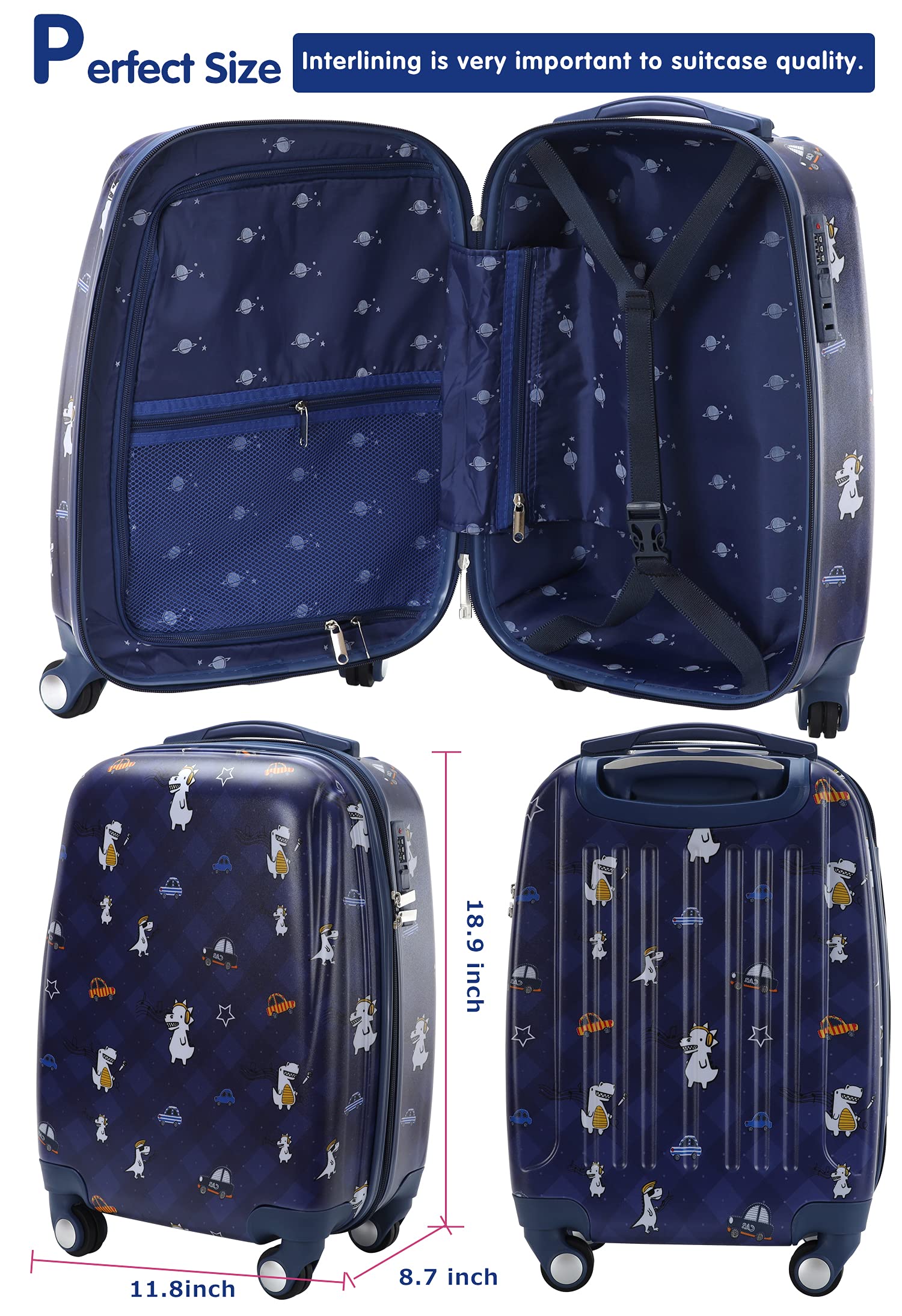GURHODVO Kids Carry On Luggage Children Rolling Suitcase with 4 Wheels Hardshell Case for Toddler to Travel (dinosaur&car)