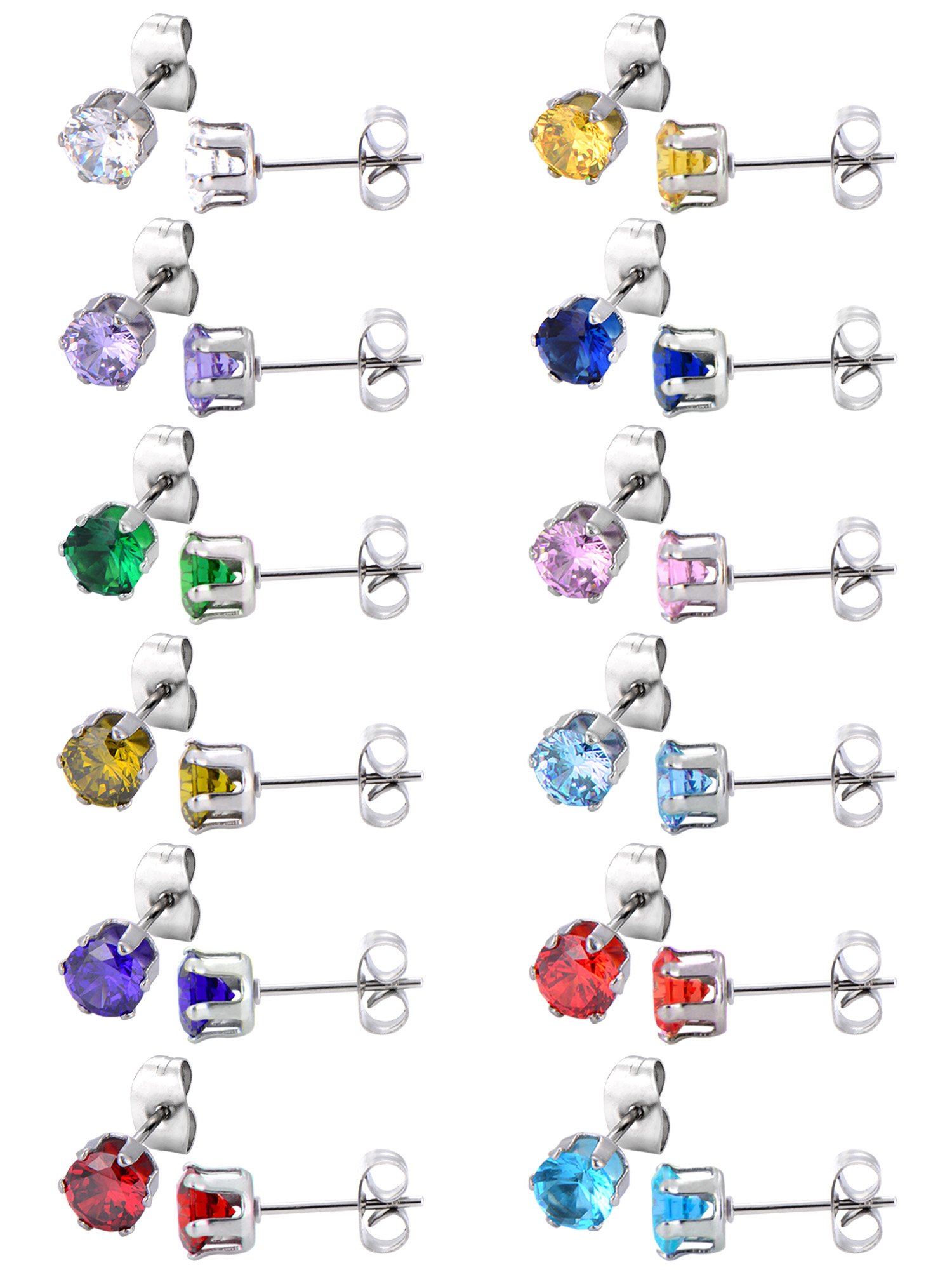 12 Pairs Stud Earrings Stainless Steel Ear Studs Round Cubic Zircon