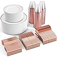 FOCUSLINE 600 Rose Gold Dinnerware Set for 100 Guests, White and Rose Gold Rim Plastic Plates Disposable, Including 100 Dinner Plates, 100 Salad Plates, 100 Cups, 100 Silverware Set for Wedding Party