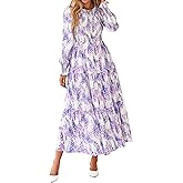 dowerme Maxi Dresses for Women 2026 Long Sleeve Floral Smocked A Line Polka Dot Flowy Boho Vacation Dress Spring Clothes