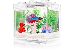 Oltraman Small Betta Fish Tank, Aquarium Tank Kit with LED Lighting, 0.6 Gallon Stackable Fighting Fish Tank Set, Fish Bowl Accessories for Turtle Reptile Shrimp Crab Insects as Decoration