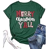 Christmas Shirts for Women Merry Christmas Y'all Tshirt Buffalo Plaid Graphic Tee Leopard Xmas Gift Tops
