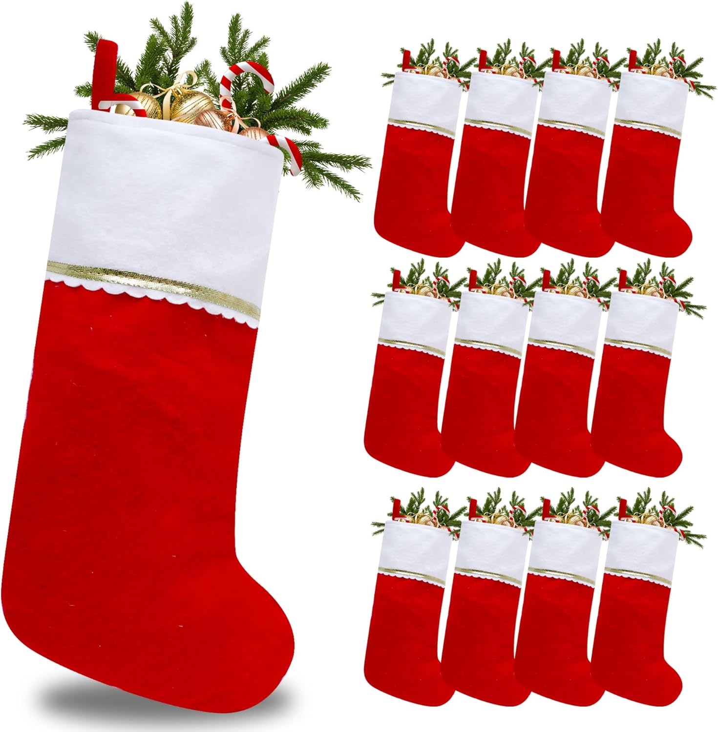 Stockings & Holders - CHOTONIC 12 Pack Red and White Felt Christmas Stockings, 19 Inches White Cuff with Gold Trim DIY Christmas Stockings for Family Christmas Decoration Holiday Season Party Décor