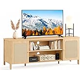 KISLOT Rattan TV Stand for TVs up to 75'' Boho Entertainment Center with Adjustable Shelf Television Stand with 2 Storage Cabinets Media Console Wooden TV Cabinet for Living Room Bedroom,Natural Oak