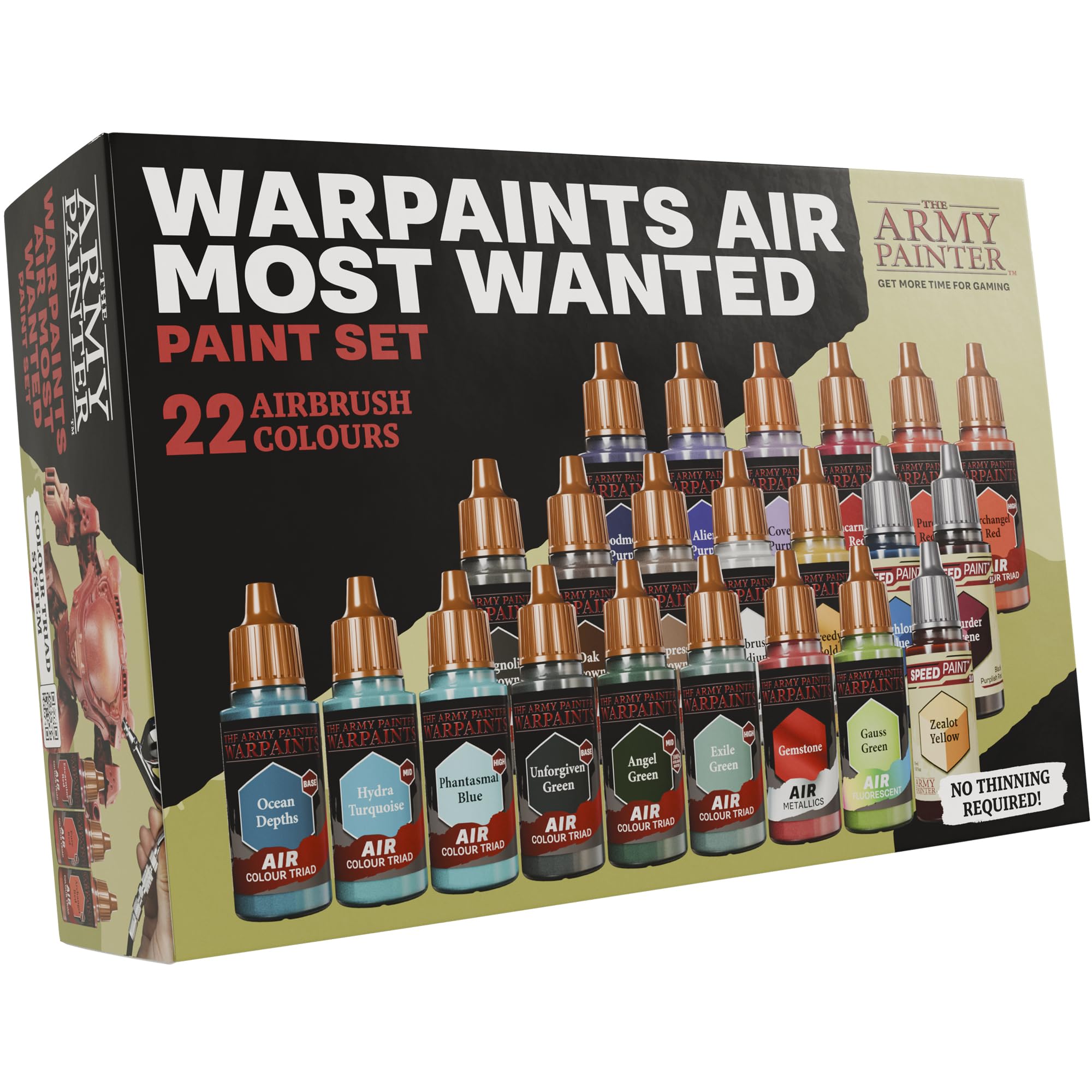 The Army Painter, Warpaints Air Most Wanted Paint Set, 22x18ml paints, 19 Acrylic Airbrush paints, incl. 2 Metallics, 1 Fluorescent, 1 Medium & 3 Speedpaints - for models and miniature painting
