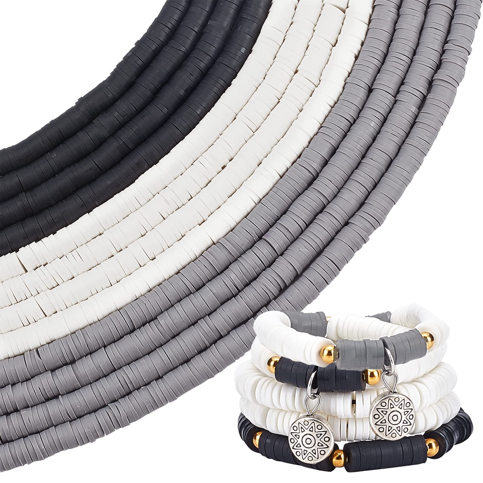 PH PandaHall 4560pcs Heishi Clay Beads 3 Colors Classic Vinyl Disc Beads 6mm Polymer Clay Beads Flat Round Loose Beads for Hawaiian Earring Choker Anklet Bracelet Necklace, Black White Gray, 2mm Hole