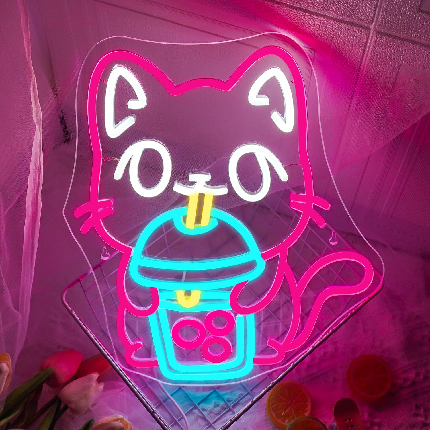 Photo 1 of DREAMFORT Cat Boba Tea Neon Sign,Cute Pink Kitty Bubble Tea Neon Signs for Wall Decor,Dimmable LED Neon Light Bar Sign,USB Light Up Signs for Kids Bedroom Dimsum Store Cofes Bar Milk Tea Shop