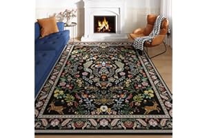 RUGCOMF Living Room Rug 6x9 Rug Machine Washable Area Rug Floral Non-Slip Low Pile Large Rug for Living Room, Bedroom, Farmhouse, Dining Room, Kids Playroom (Vibrant Black)