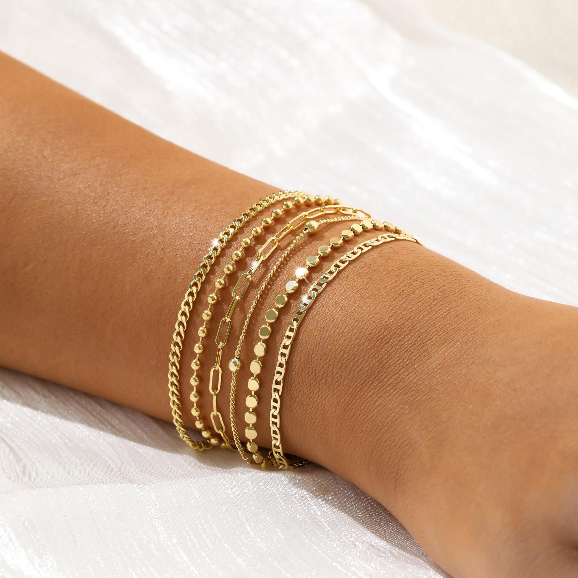 JECOMY Dainty 14K Gold Bracelets for Women - Waterproof Stackable Gold Bracelet Set - Perfect for Stylish Women