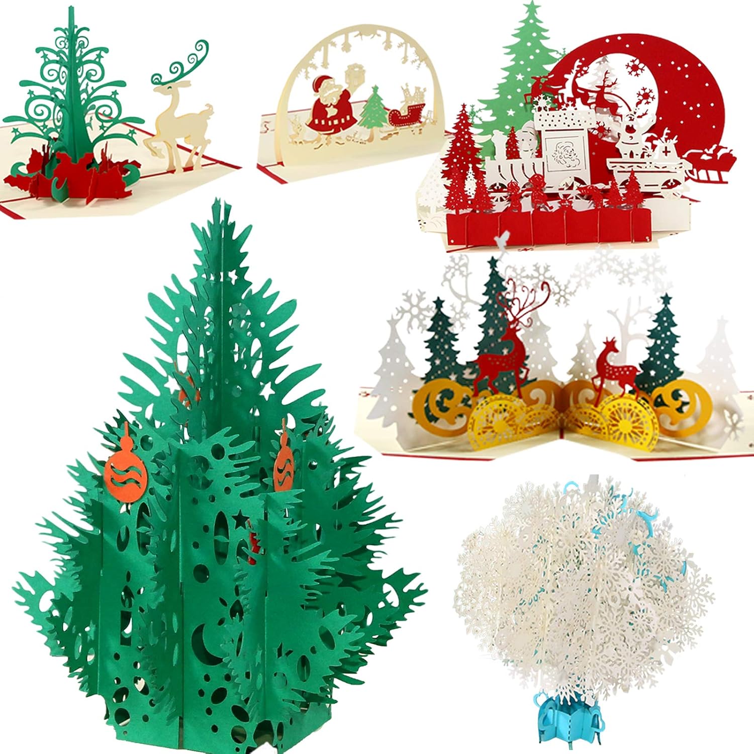 Pop Up Cards,3D Christmas Card Set of 6 Pack Unique 3D Holiday New Year Xmas Greeting PostCards with Envelopes,Handmade Thank You Card Gifts,Snowflake,Tree,Snowman,Reindeer