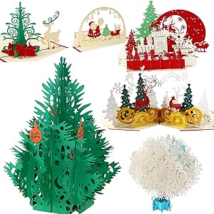 Pop Up Cards,3D Christmas Card Set of 6 Pack Unique 3D Holiday New Year Xmas Greeting PostCards with Envelopes,Handmade Thank You Card Gifts,Snowflake,Tree,Snowman,Reindeer