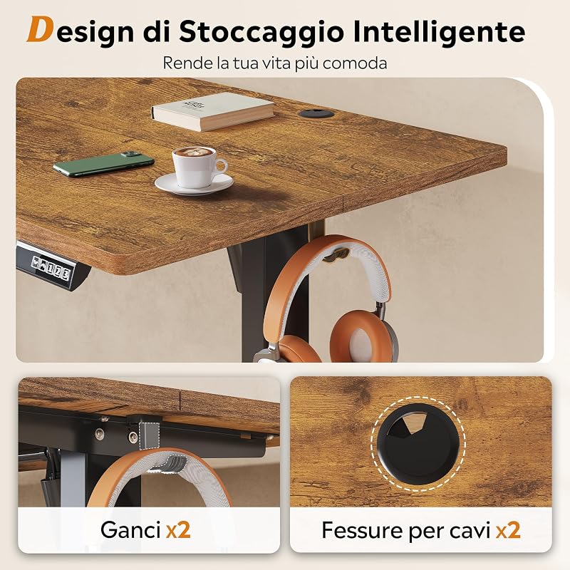 Scrivania Regolabile in Altezza Elettrica 160x70 cm, Scrivania Ufficio Ergonomica con Piano a 2 Sezioni, Funzione Memoria e Sistema Anticollisione, Altezza 72-118 cm,Marrone