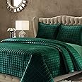 Tribeca Living Luxury Velvet Quilt Set King Size Bedding Set, 260 GSM Super Soft Velvet Oversized Comforter Set, Box Stitch Bedspread Coverlet for All Season, with 2 Pillow Shams, Emerald Green