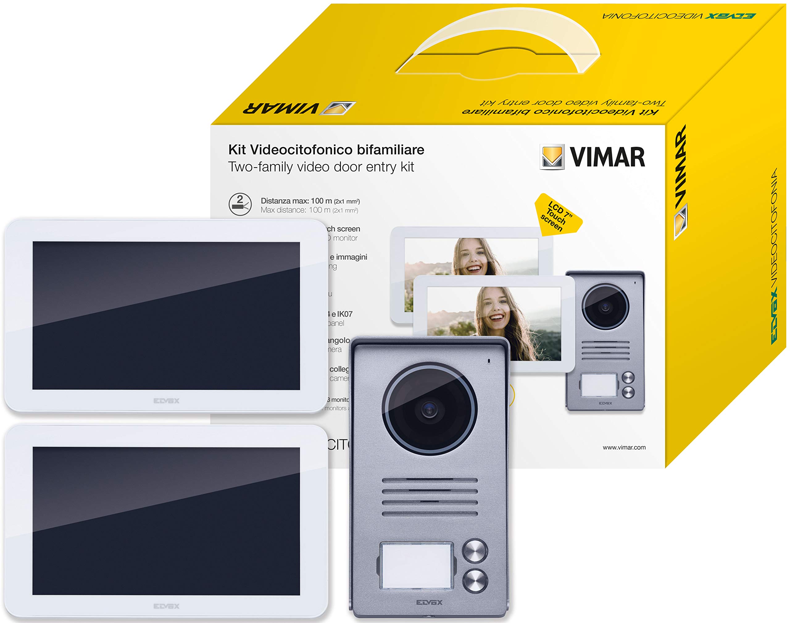 Vimar K40936 2-family video entry kit with: hands-free 7in LCD video entryphones, 1 2-button audio/video entrance panel, 2 supply units, with fixing bracket
