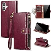 Scutumate Compatible with iPhone 17 Wallet Case with Card Holder RFID Blocking Zipper Poket PU Leather Flip Phone Case with Wrist Strap Credit Card Slots Men Women,for Apple 17 6.3",Wine Red